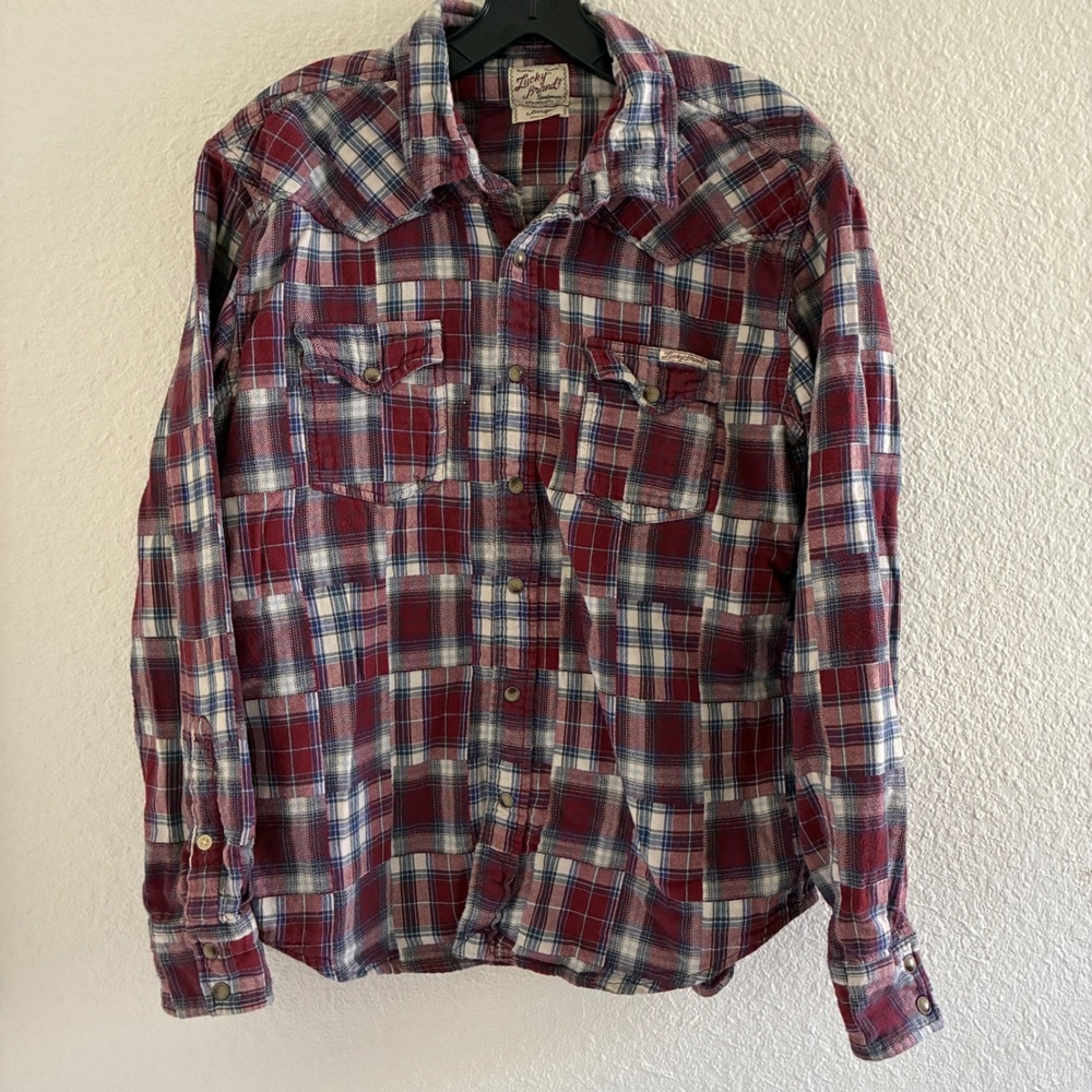 Lucky Brand Western Pearl Snap Plaid Flannel Shirt Mens Size Large Red Patchwork